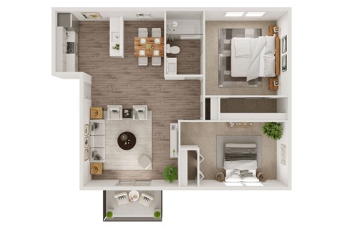 a floor plan of a one bedroom apartment with two bathrooms and a fireplace